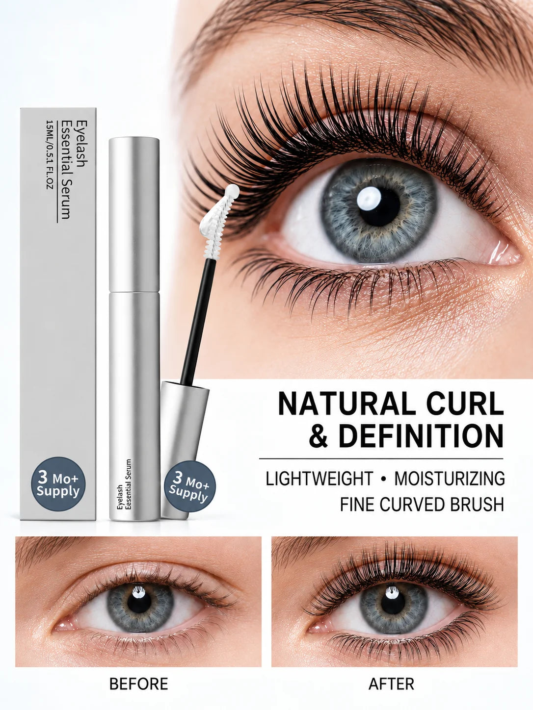 Fast Natural Curling Eyelash Essence – Precision Brush for Defined Eye Makeup, Lightweight Hydrating Formula, Daily Lash Care
