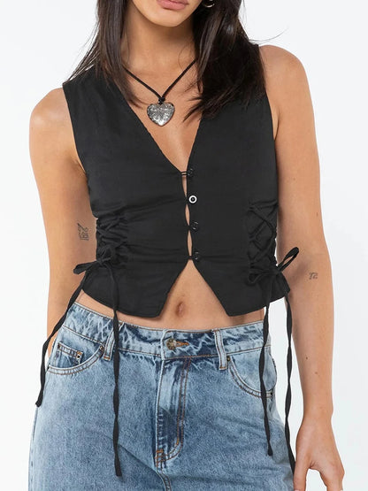 Women s Summer  Tank Tops Solid Color Front Button Vest Side Cross Tie-Up Waistcoat Streetwear