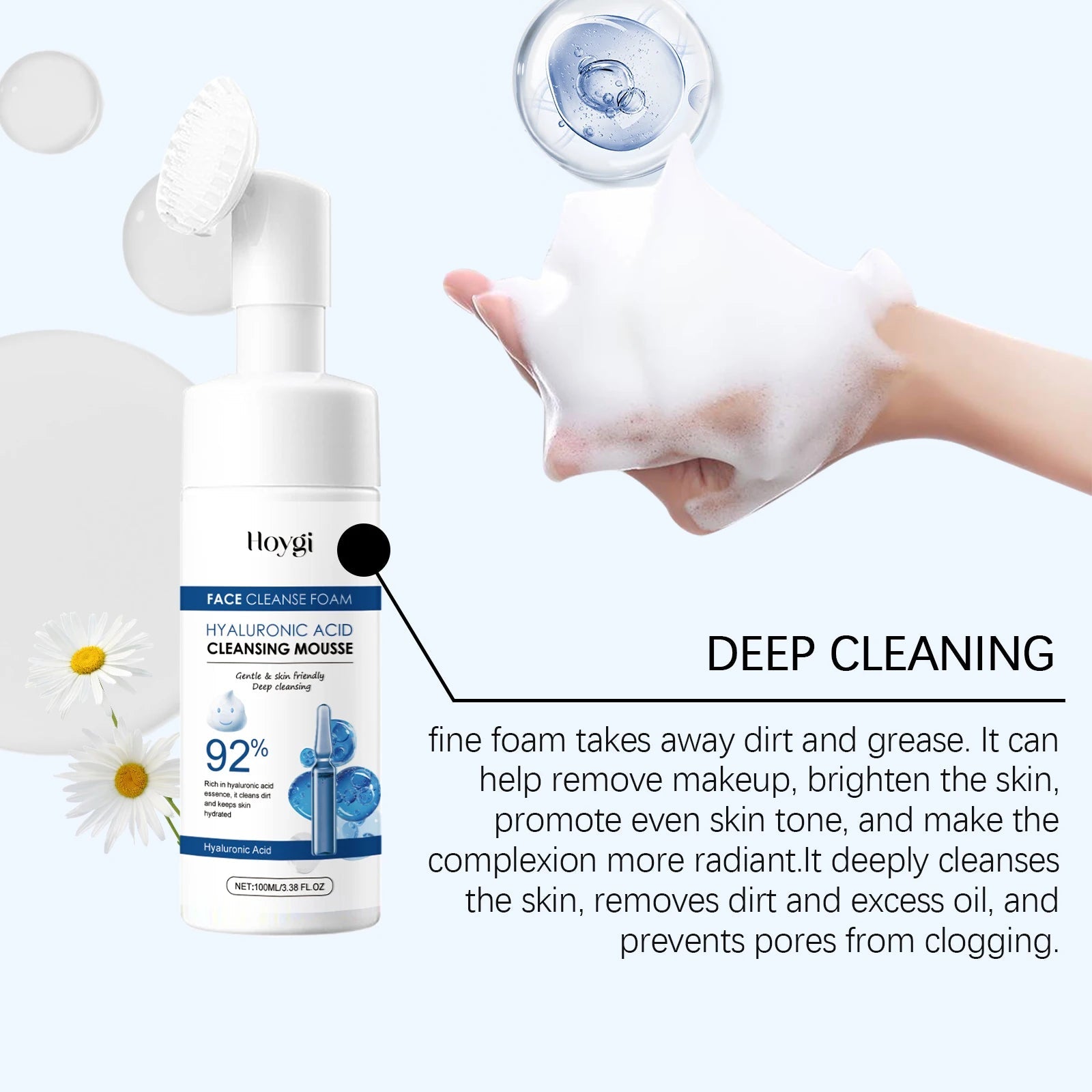 Hyaluronic Acid Cleansing Foam Gentle Moisturizing & Nourishing Oil Control Brightening Rejuvenation Face Wash Foam Face Cleanse Halalzen