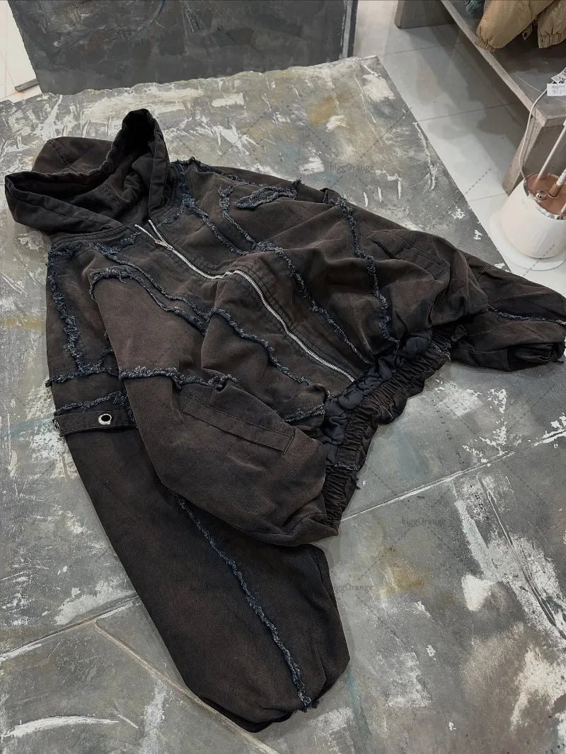 Punk High Street Clothing Destructive Style Sticker Zipper Sweatshirt Women Trendy Embroidered Whiskers Multi-pocket Hoodie Men