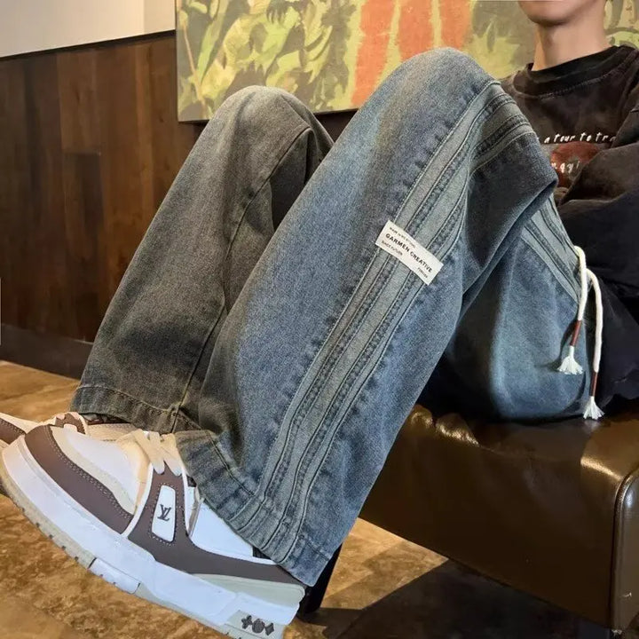 Dreisteg-Jeans im amerikanischen Retro-Stil für Herren, Frühling/Herbst, neuer High-Street-Look, elastischer Bund, lockere Passform, gerades Bein, lang