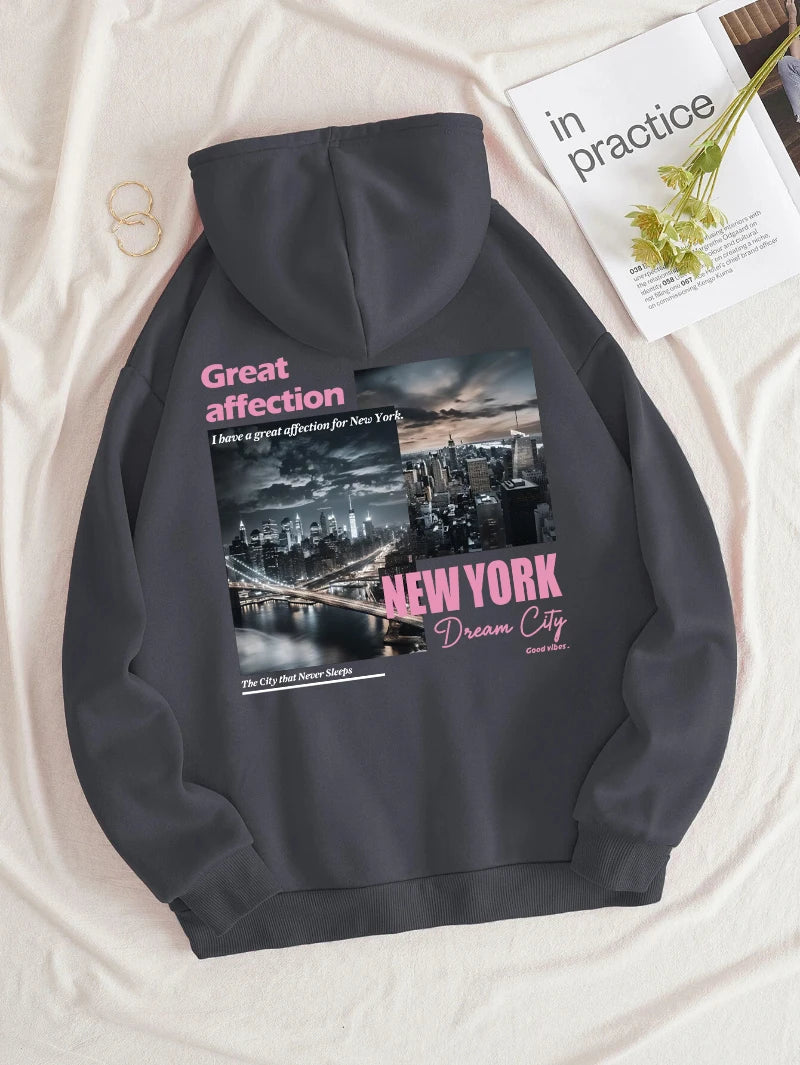 New York Dream City Printed Hoodies Casual Fashion Women Pullover Fleece Warm Pocket Sweatshirt Sporty Oversize Street Clothes