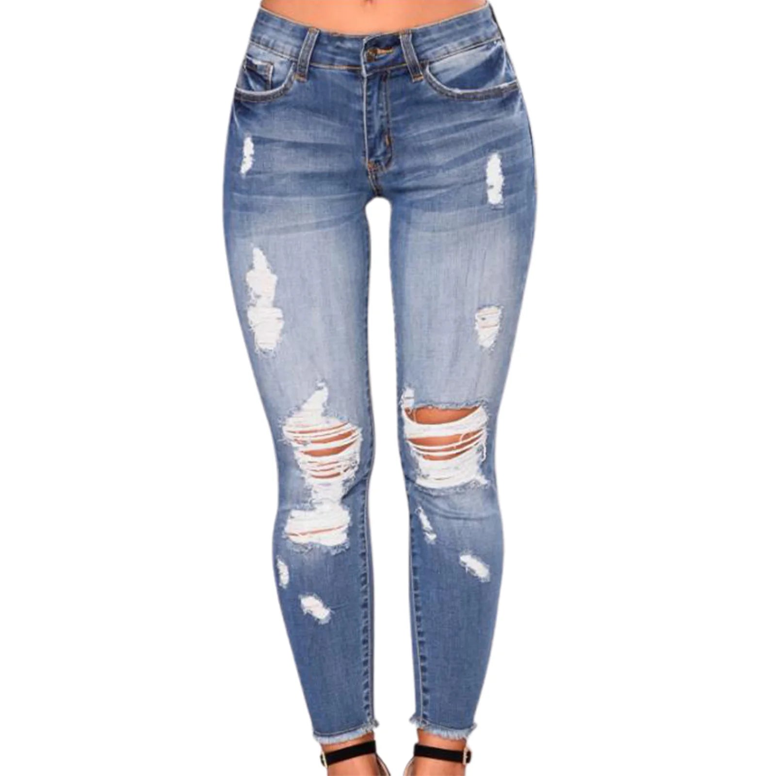 Ladies High Waist Skinny Jeans Stretch Ripped Denim Pants Distressed Cropped Trousers Casual Streetwear Fashion