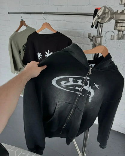 2000s zipper hoodie retro fashion print new Harajuku hip-hop jacket loose hooded sweatshirt street clothing for men and women