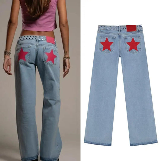 ONE DILEMMA Blue Five-Pointed Star High Waited Jeans Y2K Street Harajuku Baggy Jeans Women Clothing Casual Straight Denim Pants