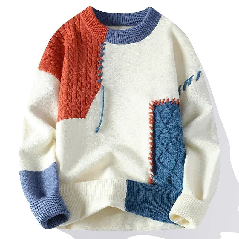 2025 Fall Winter Warm Men Sweaters Korean Style Patchwork Pullovers Round Neck Knitted Sweater Men Women Fashion Knitwear