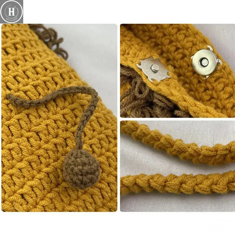 Crochet Shoulder Bag Creative Mobile Phone Bag Lion Knitted Handbag Adorable Cartoon Wool Knitting Bag For Young Women Casual HALALZEN
