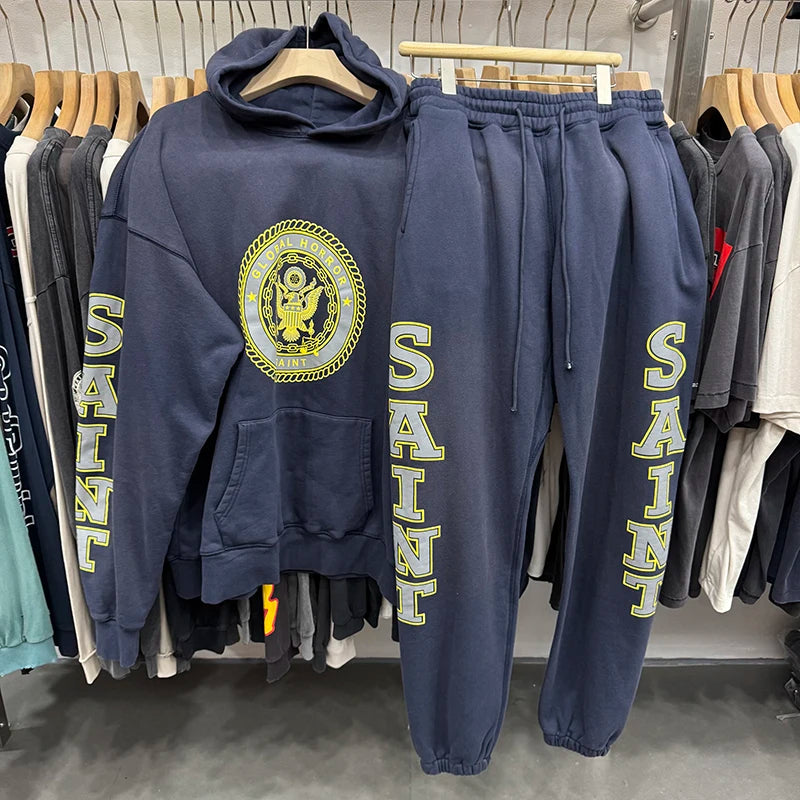 Retro Washed Saint High Quality Medal Print Blue Hoodies Pure Cotton Thicken Street Fashion Men Women Casual Suit