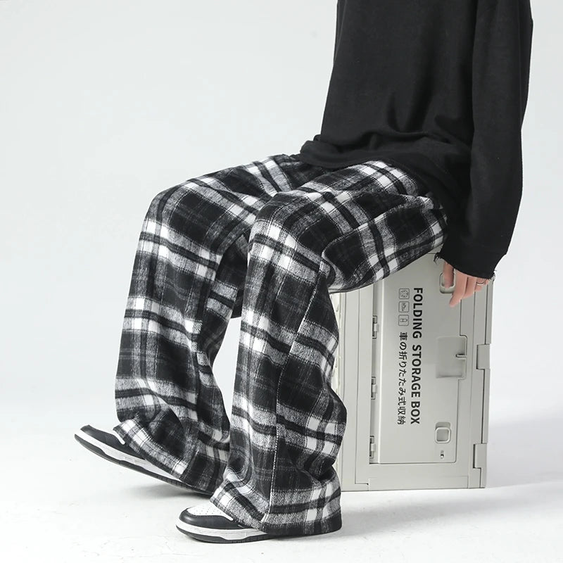 Vintage Plaid Pants Men's Loose Wide Leg Pants Autumn New Lazy Wind Straight-leg Leisure Trousers Male Jogger Sweatpant