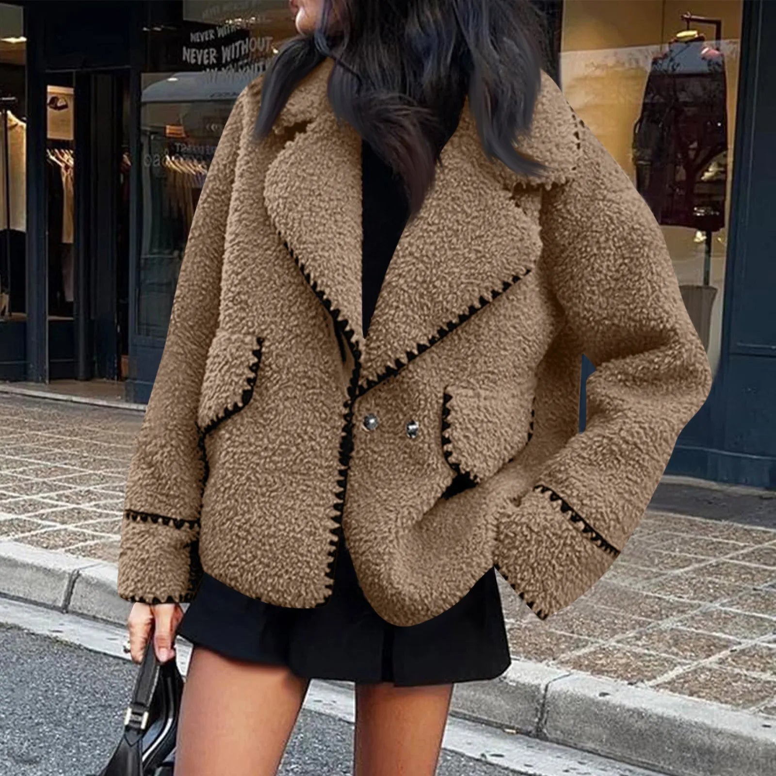 Autumn New Women's Coat Wear European And American Style Coat Casual Jackets One Piece Lamb Wool Contrast Color Plush Warm Jack