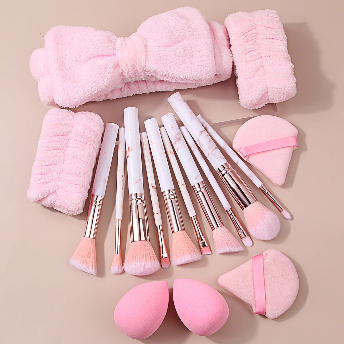 17PCS Pink makeup brush set, multi-functional facial brush + soft hair band wrist strap + fine sponge egg triangular powder puff Halalzen