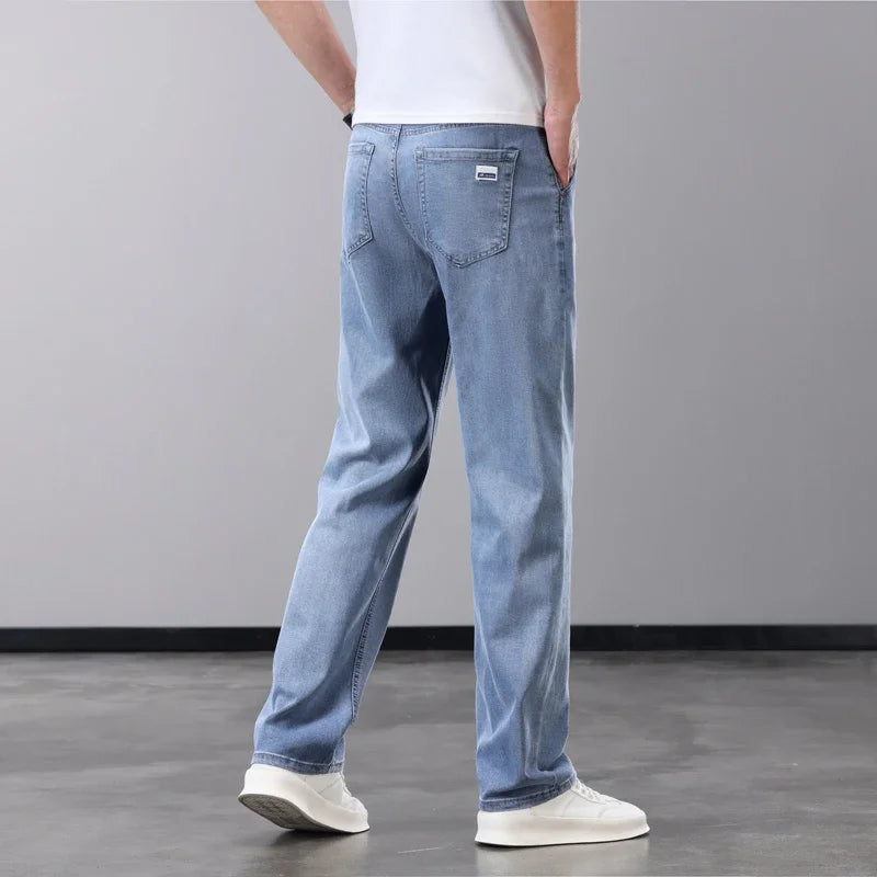 Summer Thin Men's Jeans Lyocell Fabric Soft Breathable Straight Denim Pants Brand Man Elastic Ice Silk Casual Trousers Grey Blue