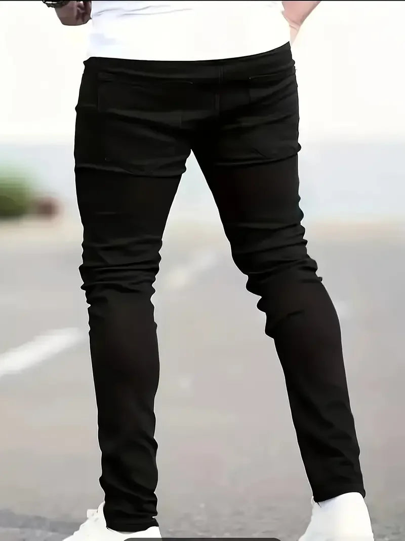 Men's Slim-Fit Black Jeans - Stretch Denim, Mid-Rise, Casual Skinny Pants for All Seasons