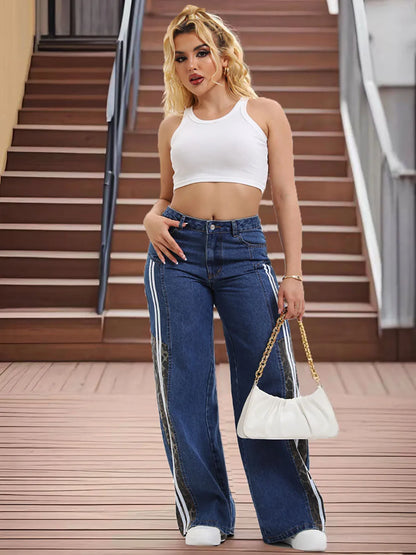 Women’s Wide Leg Denim Jeans – High Waist Crossover Button Jeans with Leopard Print Panels and Side Stripe Detail – Streetwear Y