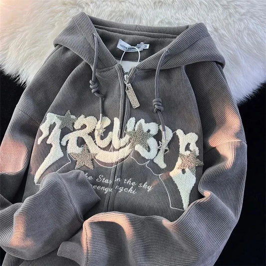 Plus Size XL-3XL Corduroy Embroidery Loose Hoodies Women Sprring Autumn Long Sleeve Zipper Hood Shirt Harajuku Y2K Sweatshirt