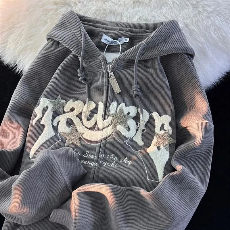 Corduroy Embroidery Loose Hoodies Women Autumn Long Sleeve Tops Zipper Hood Shirt Harajuku Y2K Clothes Female Sweatshirt Jacket