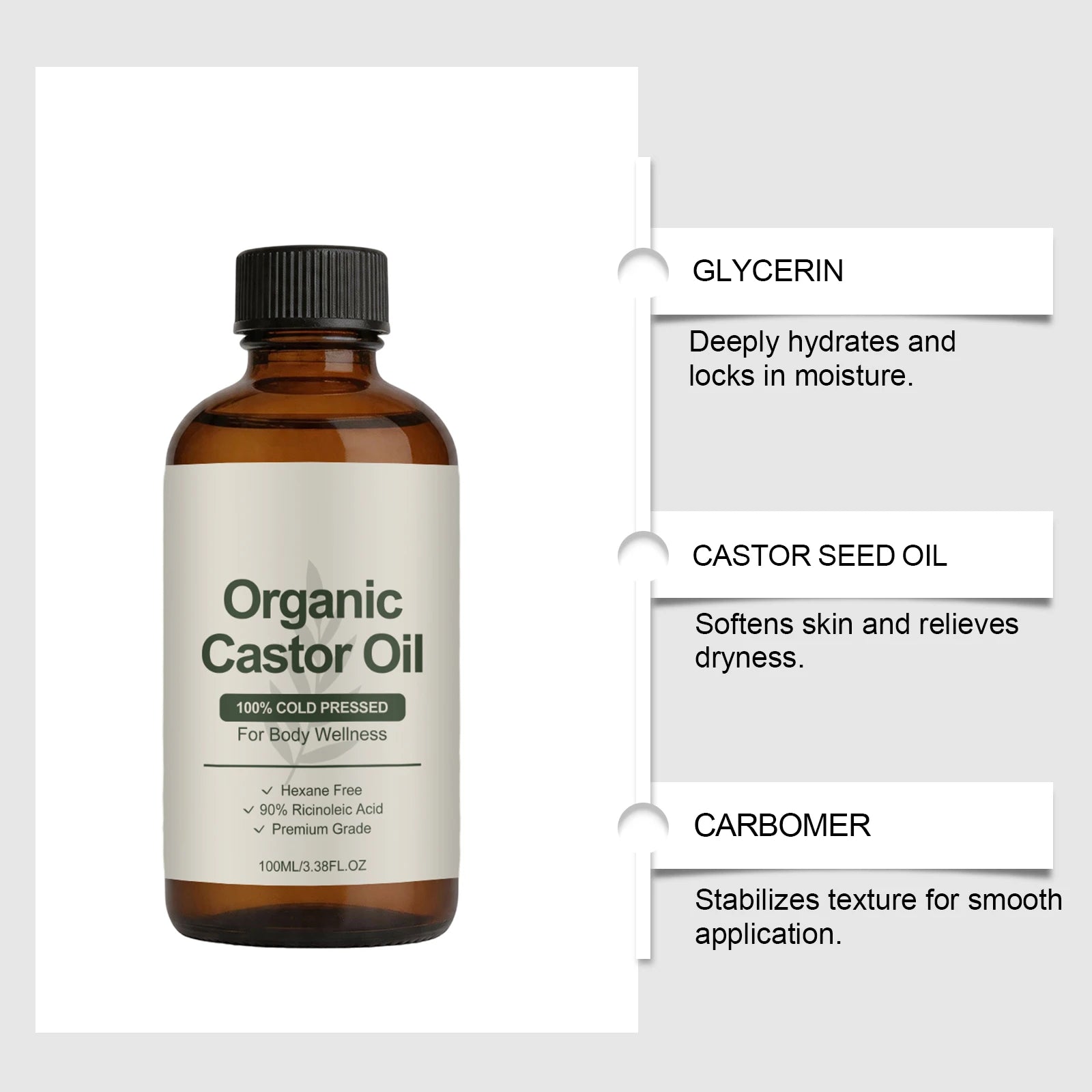 Organic Castor Oil Cold Pressed Hexane Free Ricinoleic Acid Hydrating Body Oil Moisturizing Dry Skin Sensitive Skin Care