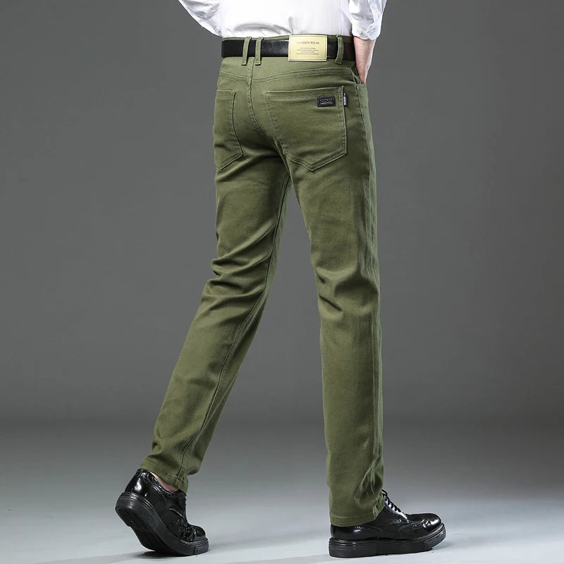 Large Size 42 44 Autumn 98% Cotton Men's Stretch Slim Jeans ArmyGreen Soft Comfortable Casual Straight Denim Pants Trousers
