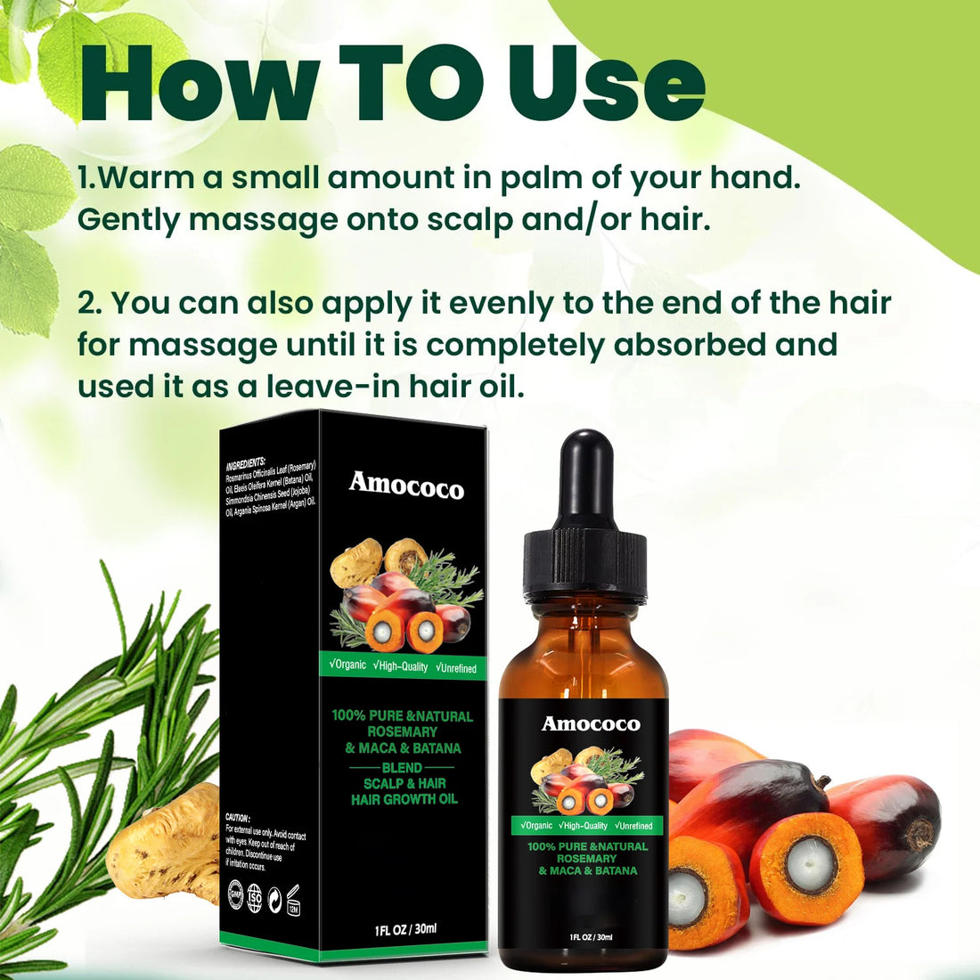 Amococo Batana Oil with Rosemary Hair Scalp Nourishing Oil Natural Hair Strengthening Serum for Dry Ends Frizz Control 60ml X 2 + 30ml X 1