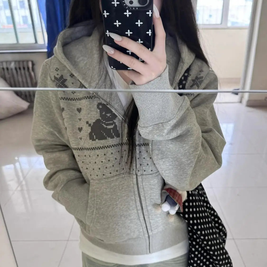 Korean Cute Bear Hoodie Women - Foam Print Hooded Sweatshirt, Y2K Oversized Open Front Jacket, Ins Fashion Winter Coat, Casual L