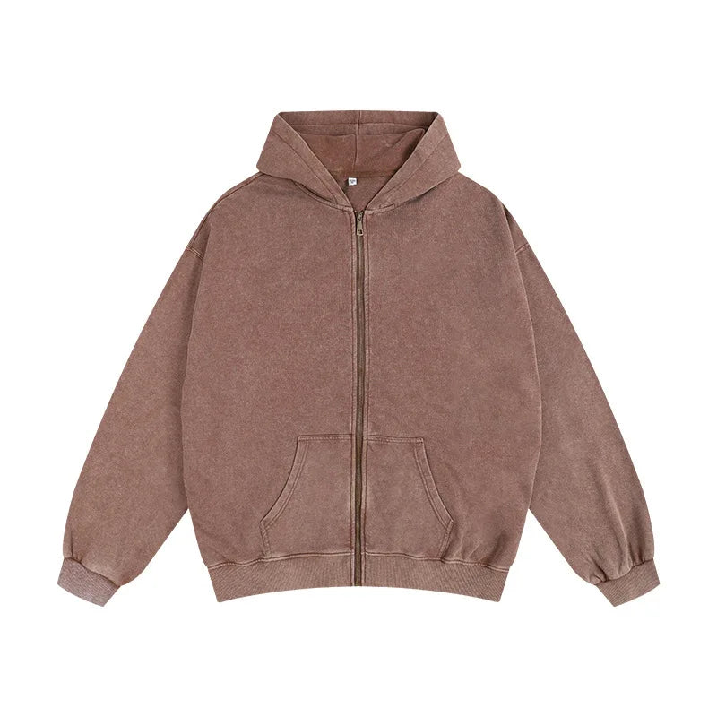 Washed and aged sweatshirt, loose hoodie for young couples, round-neck jacket, zip-up sweatshirt, men's suit set