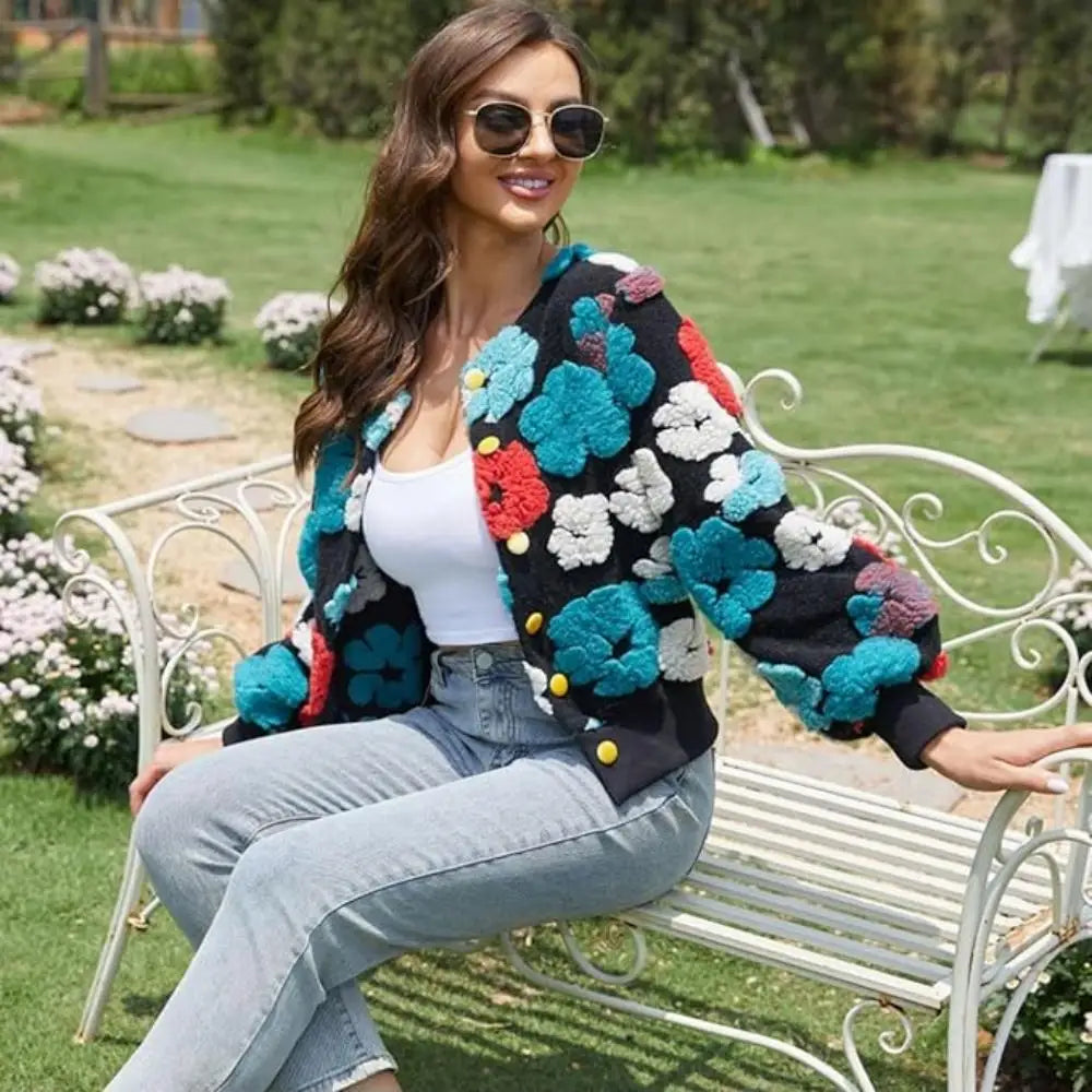 Wool Coats for Women Floral Puff Sleeve Embroidered Printing Short Fall Winter Jacket