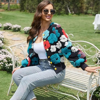Wool Coats for Women Floral Puff Sleeve Embroidered Printing Short Fall Winter Jacket