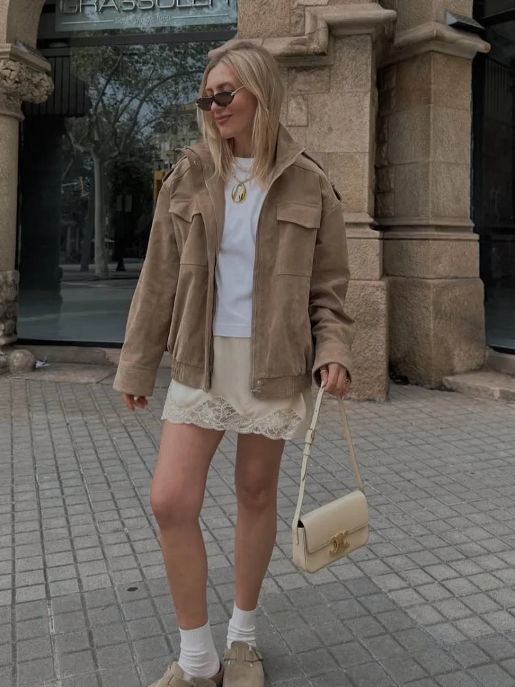 Fashion Stand Collar Suede Jacket Women Long Sleeve Pockets Zipper Loose Bomber Jacket 2025 Autumn Lady High Street Outwear