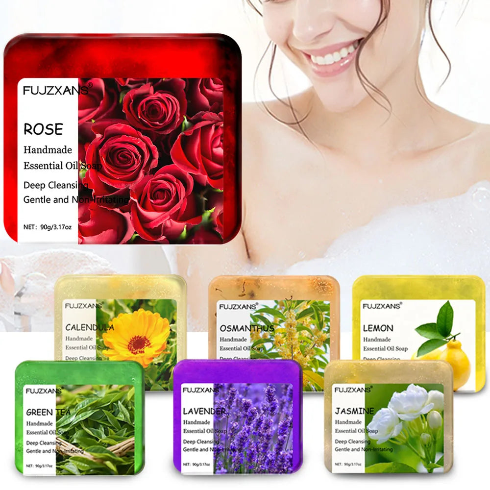 90g FUJZXANS Handmade Essential Oil Soap Bars - Rose, Jasmine, Green Tea, Calendula, Osmanthus, Lavender, Lemon - 7 Long-Lasting Halalzen