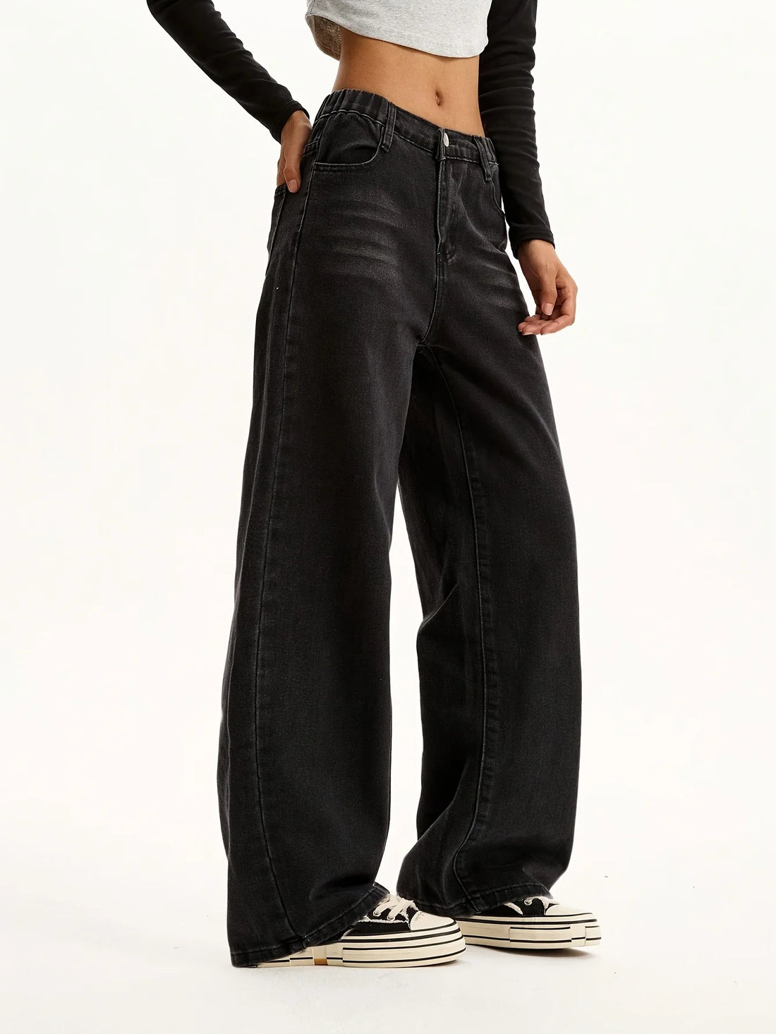 Teenage Girls' Black Casual Washed Denim Jeans - Preppy Style Trendy Straight Leg Pants
