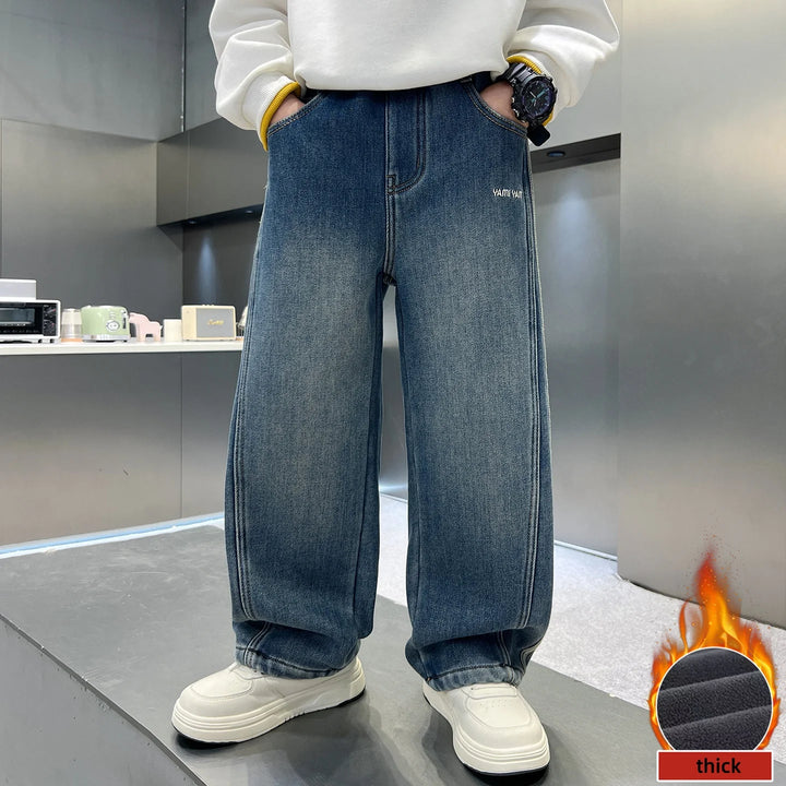 Kids Jeans Fleece Lined 5-16 Years Old Striped Loose Fit Warm Winter Pants Boys Thick Casual Trousers with Side Stripe Decor ﻿