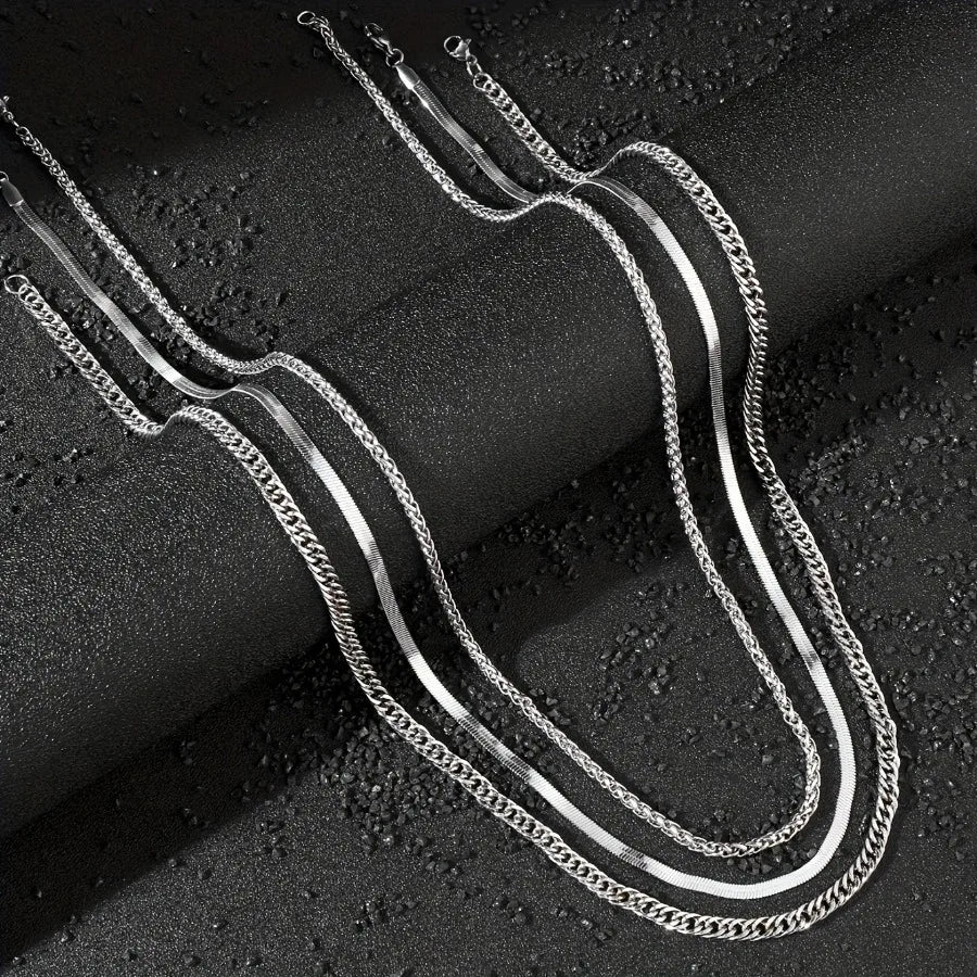 Men's 3pcs Black Steel Necklace Set – Punk Gothic Chain Links