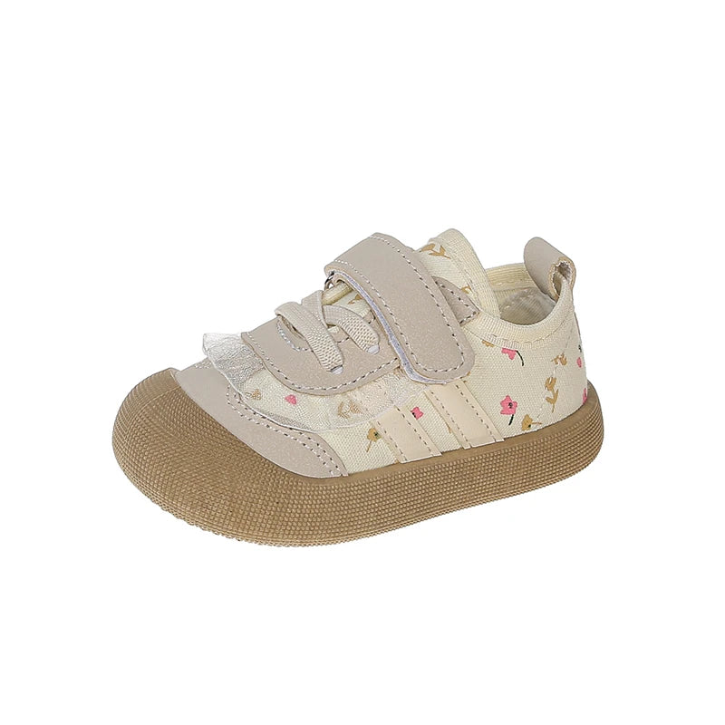 Baby Girls First Walker Shoes Hook and Loop Strap Lace Trim Soft Sole Cute Floral Print Non Slip Toddler Infant Footwear Colors