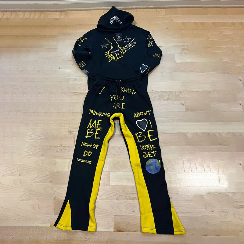 Autumn/Winter Y2K Hoodie Suit Flared Trousers Oversized Men's clothing Fashion Trend High Street Pants Casual Oversized Sets