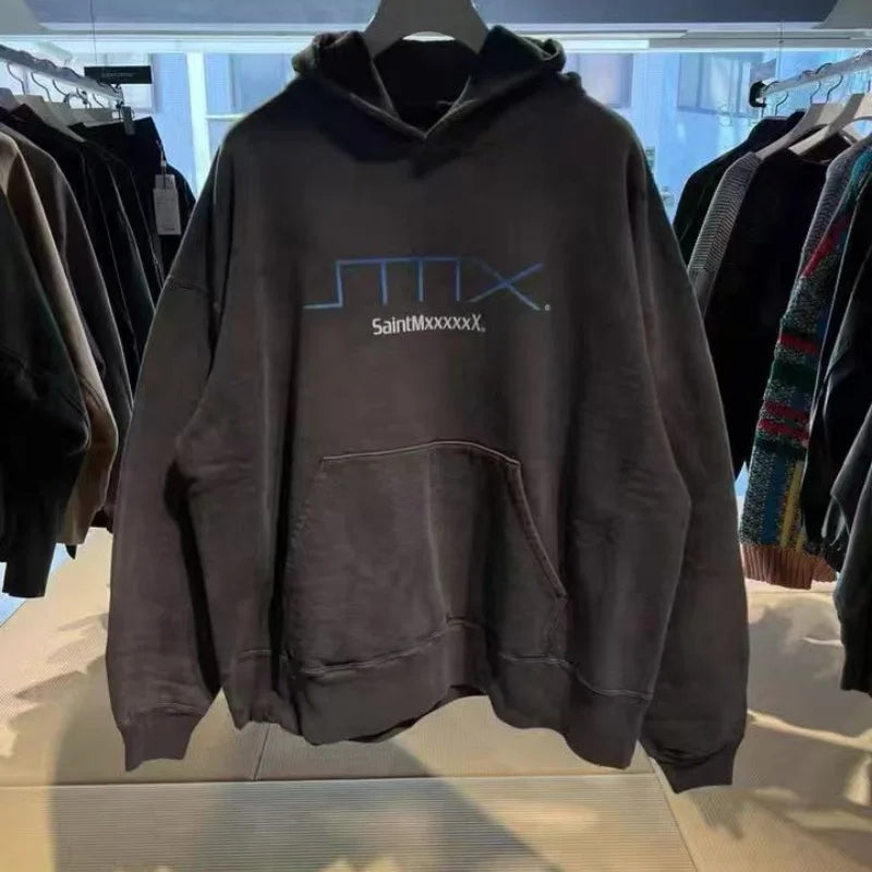 Saint Letter Print Hoodie Vintage Distressed Design Autumn Winter Warm Mens Loose Casual Sweatshirt