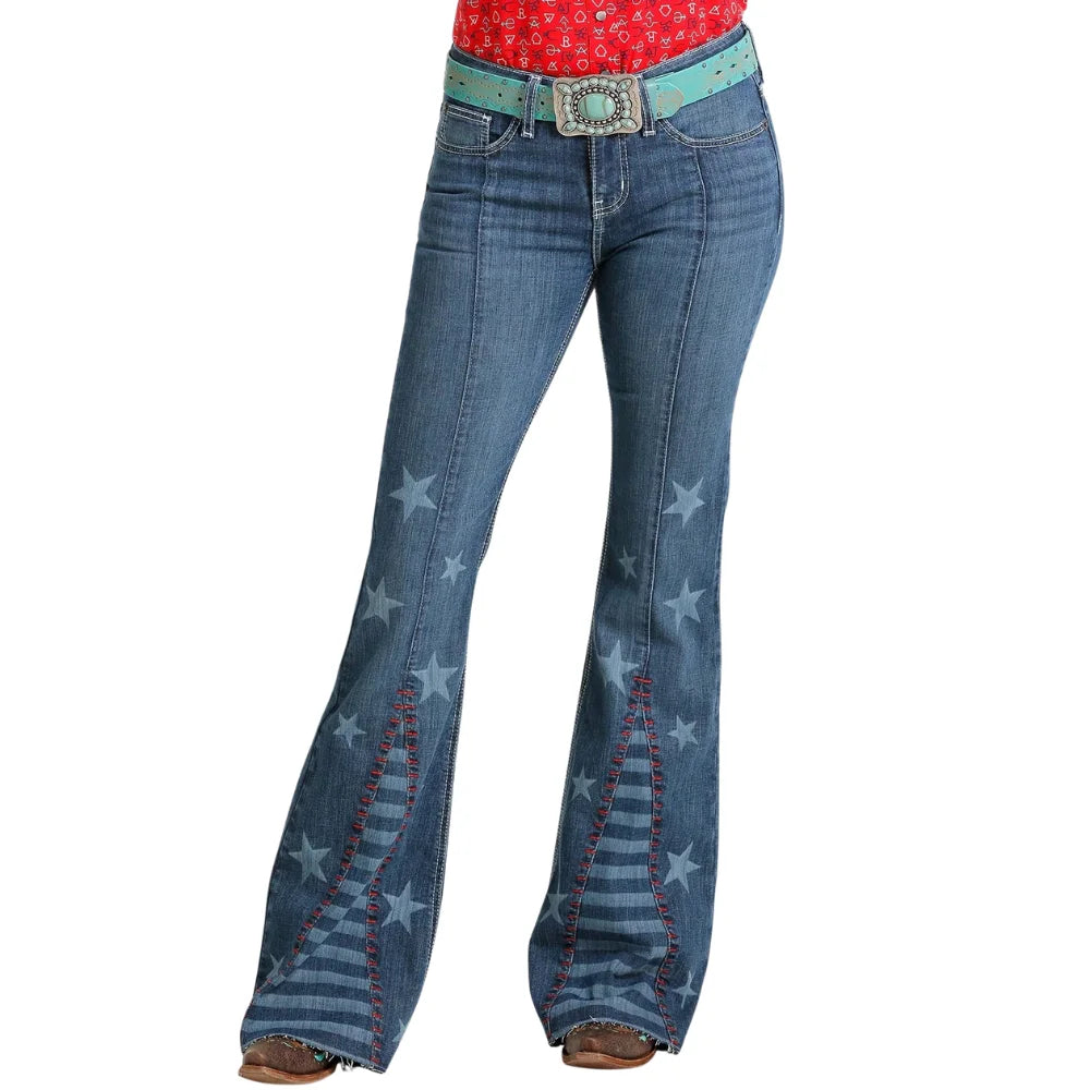 【HME】Women's high-waisted jeans, blue striped women's printed flared pants, buttoned star-printed jeans, fitted flared jeans
