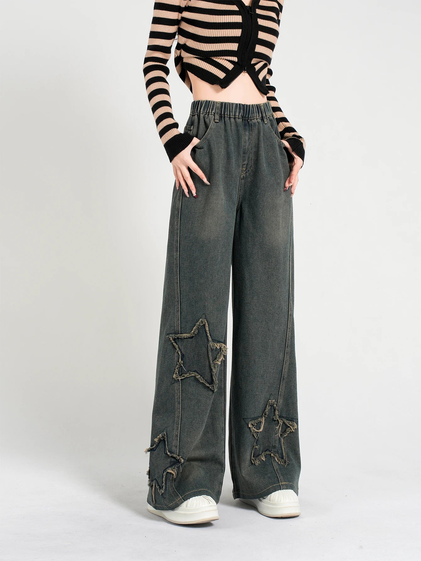 Girls' Fashion Star Wash Jeans - Retro Loose Straight Leg Denim Pants, Versatile & Casual