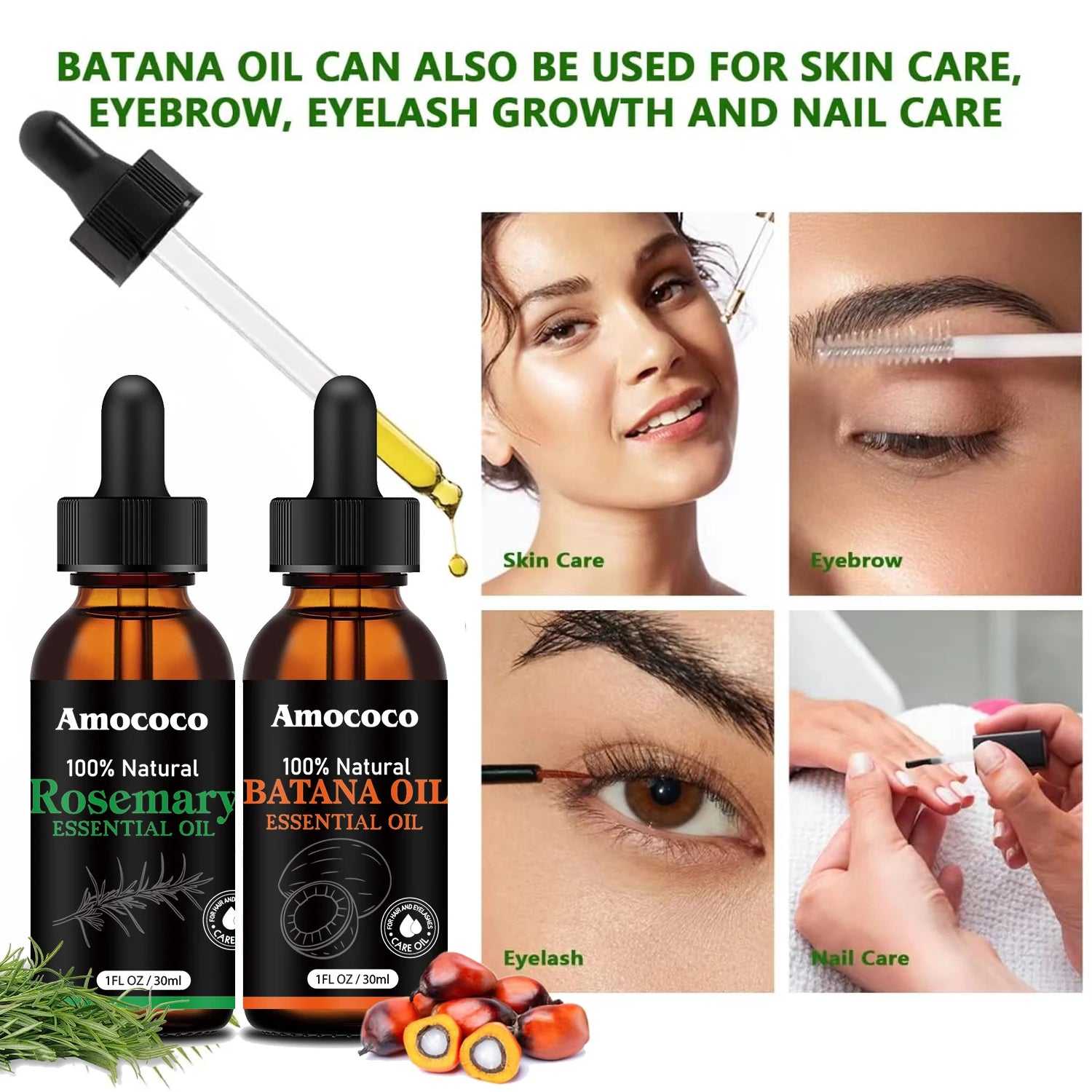 Amococo 2 pack Rosemary Oil Batana Oil 30ml each Hair Oil Duo Scalp Care Oil Nourishing Hair Serum for Dry Frizzy Hair Smooth Shiny Hair Care