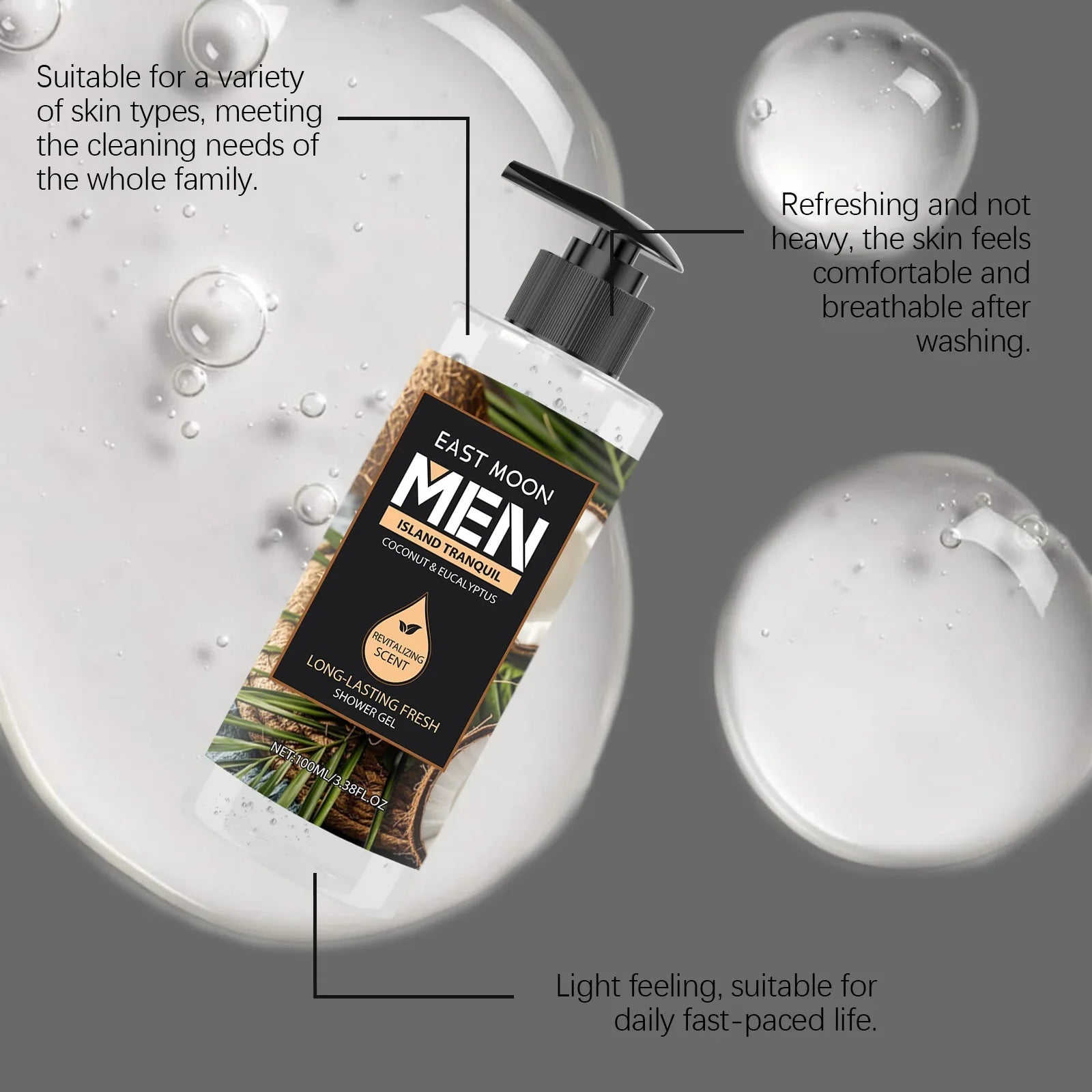 Men's Eucalyptus Coconut Body Wash Deep Cleansing Shower Gel Refreshing Scent Long Lasting Fragrance Oil Control 100ml Halalzen