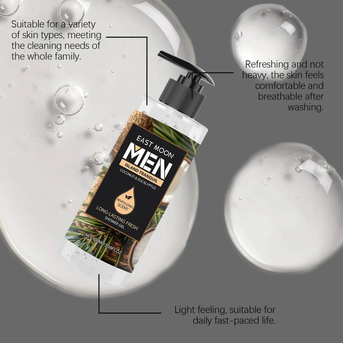 Men's Eucalyptus Coconut Body Wash Deep Cleansing Shower Gel Refreshing Scent Long Lasting Fragrance Oil Control 100ml Halalzen