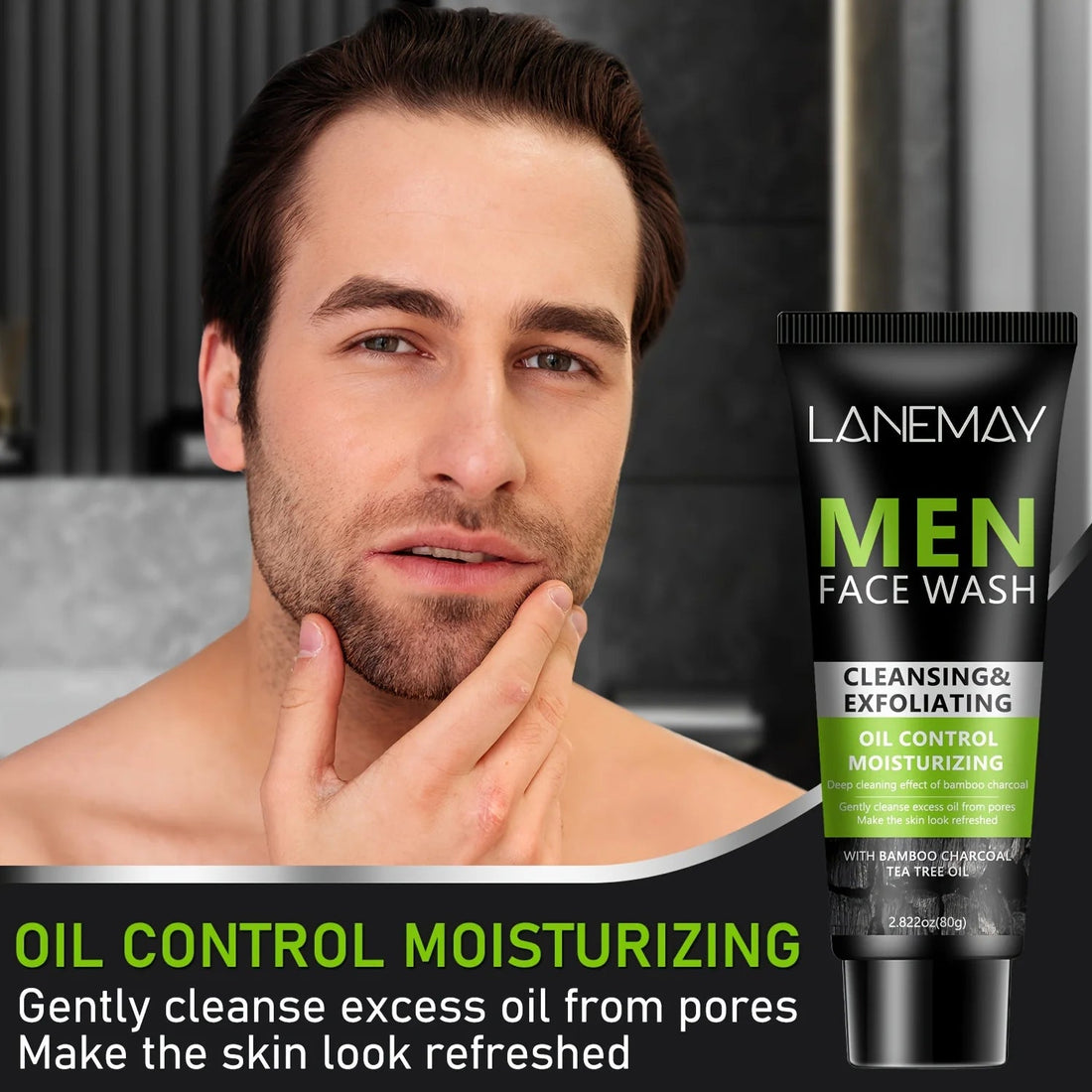 Men Face Wash with Volcanic Mud - Deeply Cleanse Oil from Pores, Control Oil and Exfoliate, Refreshing Face, Moisturize the Face Halalzen