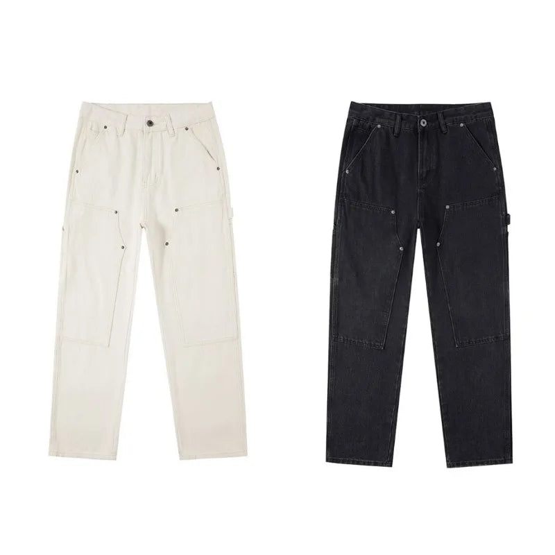 White Workwear Thigh Patch Jeans Men's New Woodcutter Rivet Straight Denim Pants Spring Autumn American Retro Cotton Cargo Pants