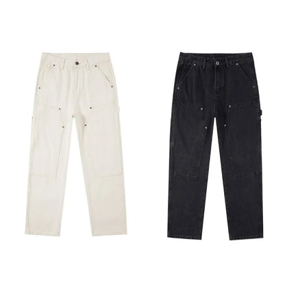 White Workwear Thigh Patch Jeans Men's New Woodcutter Rivet Straight Denim Pants Spring Autumn American Retro Cotton Cargo Pants