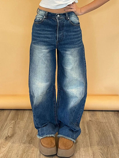 Women s Vintage High Waist Wide Leg Jeans Pants Retro Washed Blue Loose Barrel Denim Trousers for Spring