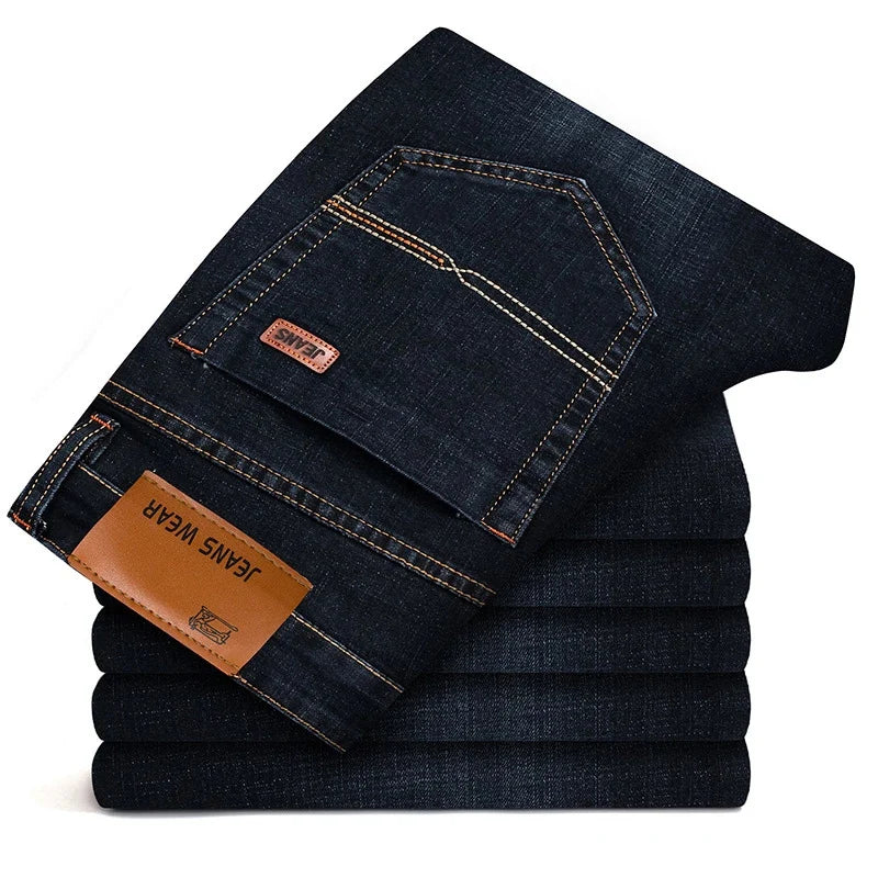 Autumn Classic Men's Fitted Stretch Jeans Business Casual Cotton Denim Straight Leg Pants Male Black Blue Trousers