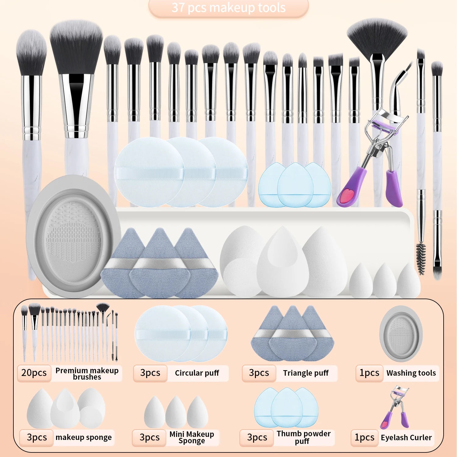 37PCS Makeup Tools Set, 20 Brushes + Sponges Puffs, Eyelash Curler, Cleaning Tool for Full Face