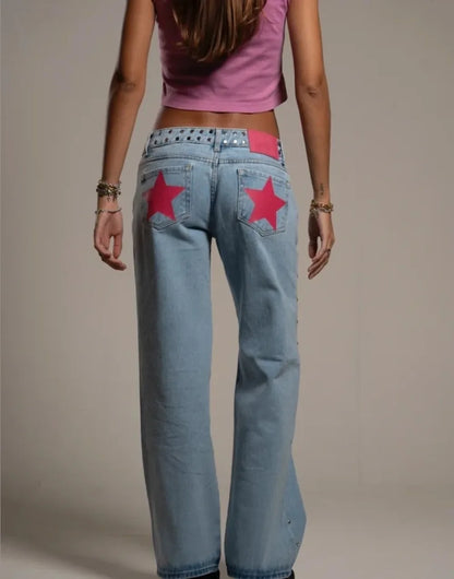 90S ONE DILEMMA Five-Pointed Star Print High Waited Jeans Street Harajuku Baggy Jeans Women Clothing Casual Straight Denim Pants