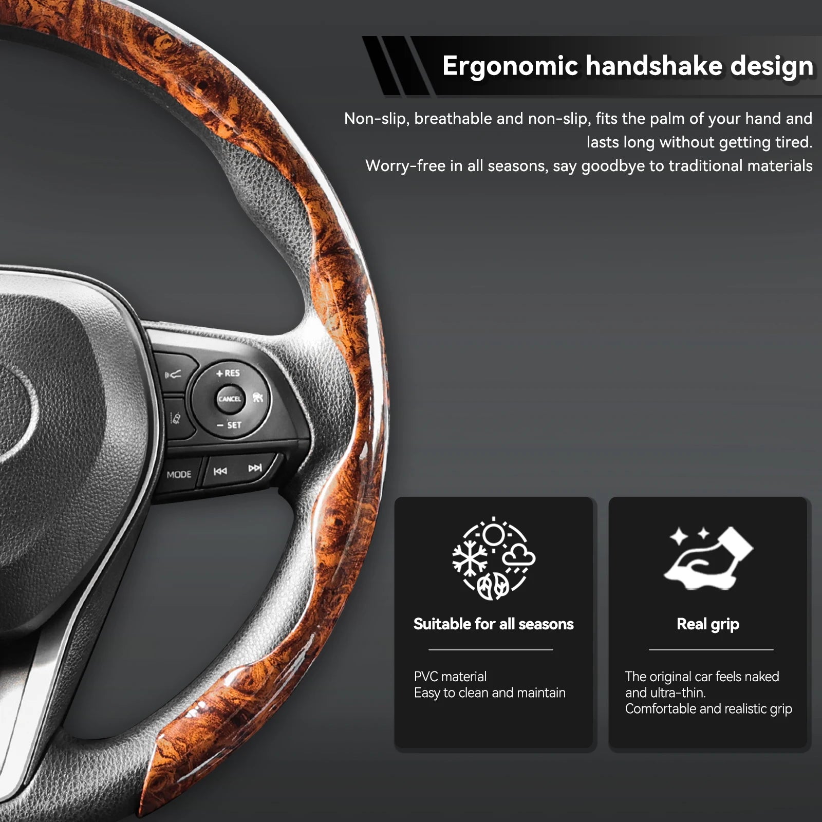 Mahogany Car Steering Wheel Cover Wood Grain PVC Breathable Non-slip Universal 38cm 15inch for Toyota Corolla Rav4 Camry Prius