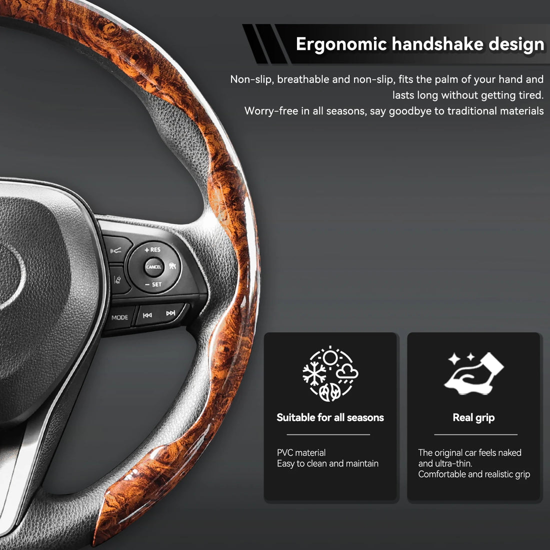 Mahogany Car Steering Wheel Cover Wood Grain PVC Breathable Non-slip Universal 38cm 15inch for Toyota Corolla Rav4 Camry Prius