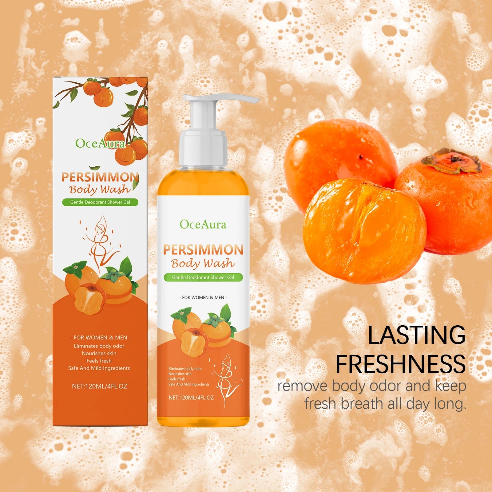 Persimmon Body Wash for Body Odor Control & Deep Clean - Deodorizing, Exfoliating, Moisturizing Shower Gel, Repairs Skin Barrier Halalzen